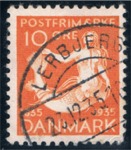 10 øres H.C. Andersen frimærke, flot stemplet 23-12-1935. Frimærket er udgivet den 1. Oktober sammen med 5 andre i en serie, for at markere 100 året for udgivelsen af det første eventyr.