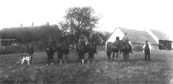 Billedet er taget ca. 1900 ved Jens Peder Christensens gård i Essendrup, det er Jens Peter til højre, de andre personer er tjenestefolk og muligvis to sønner.